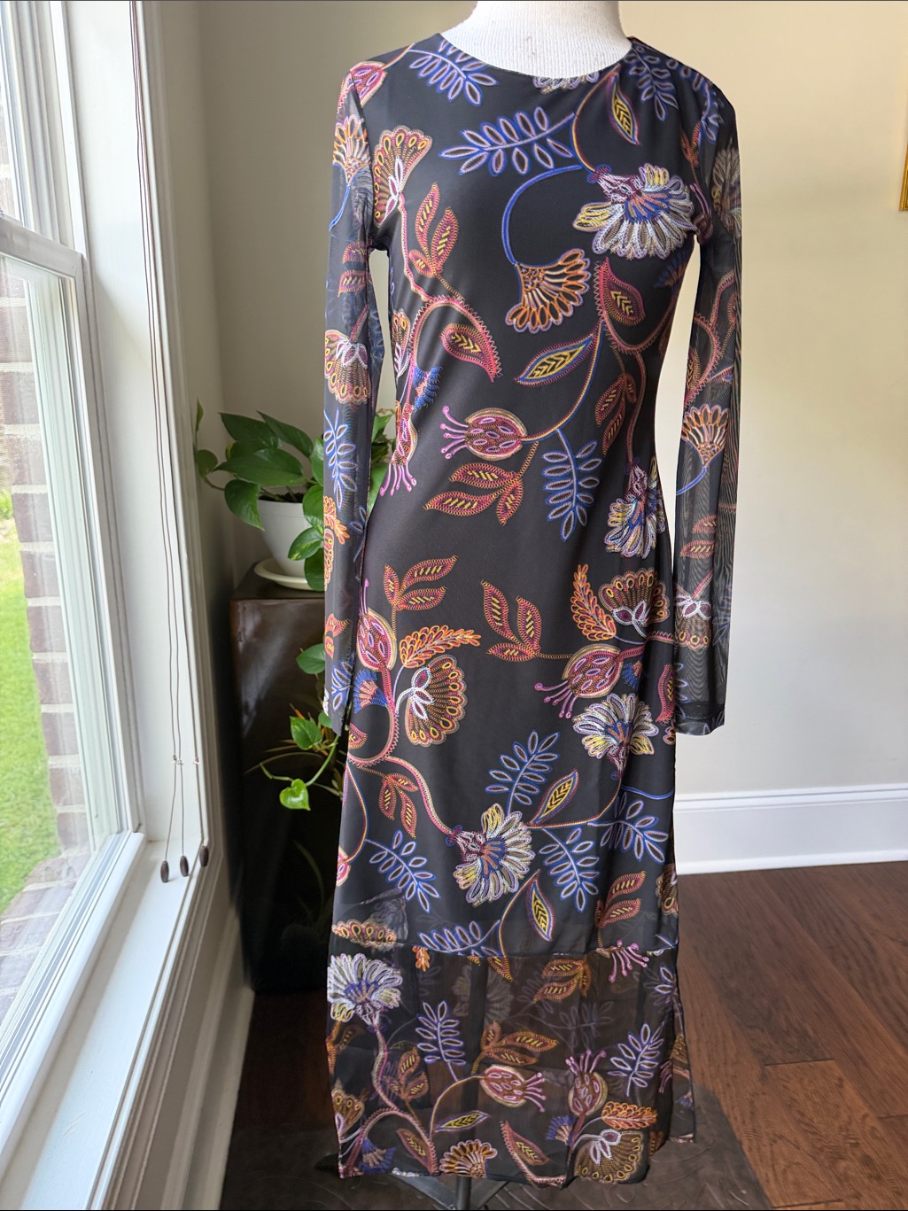 Johnny Was Black Floral Long-Sleeve Sheer Maxi Dress With Multicolor Print